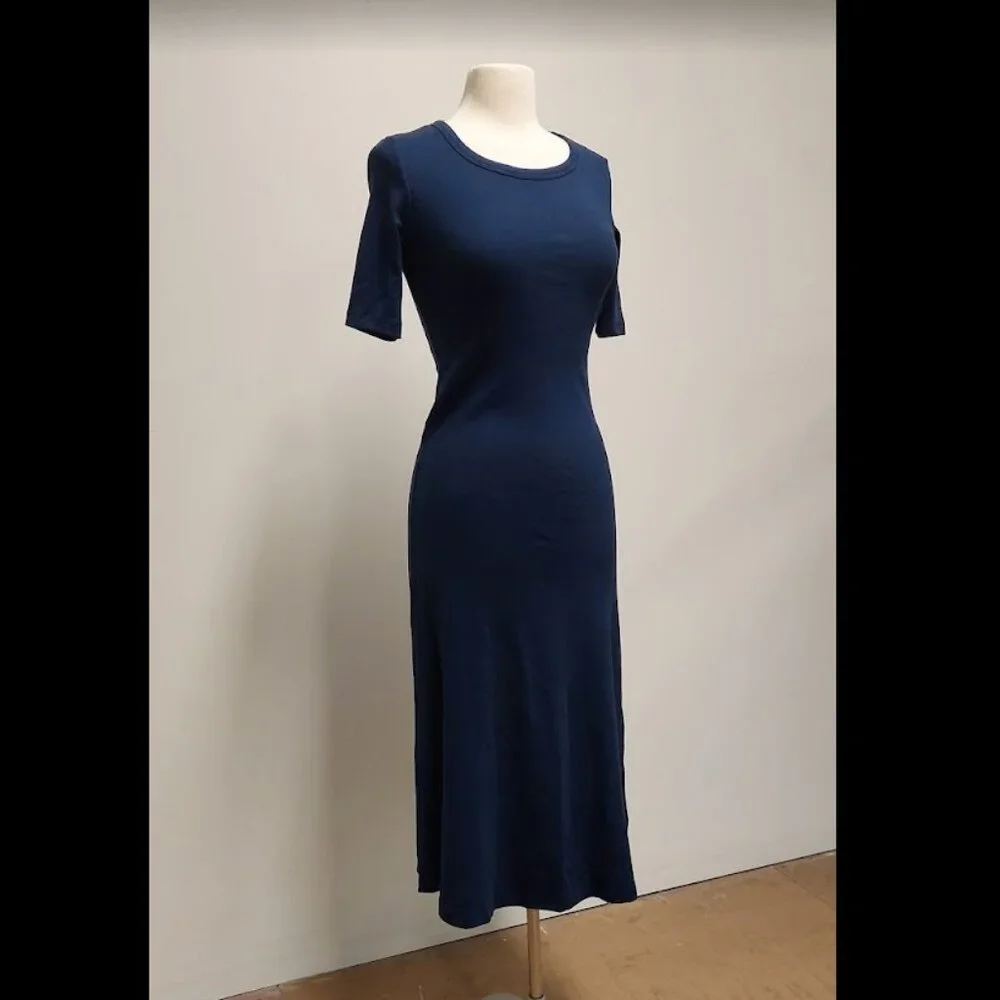 A.Y.R. Navy Blue Maxi S/S Scoop Neck Rib-Knit Sheath Size: S - Picture 8 of 9